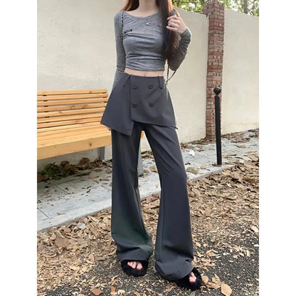Fake Twopiece Multibutton Color Wide Leg Pants Autumn New High Waist Skirt Stitching Loose Pants