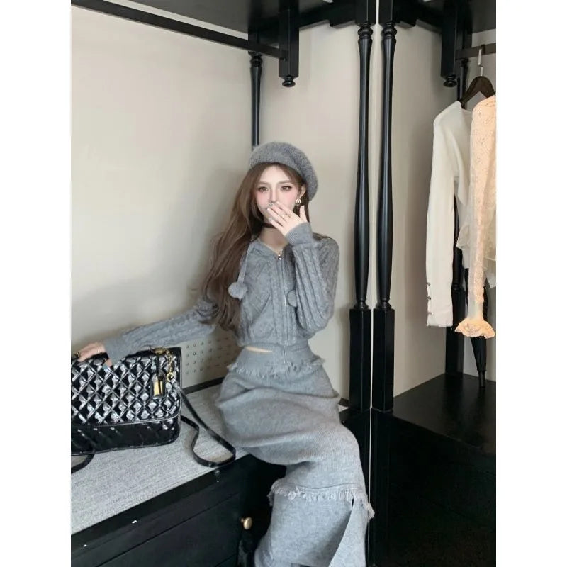 Sweet Hot Girl Suit Autumn Color Zipper Longsleeved Hooded Sweater High Waisted Long Skirt Twopiece Set