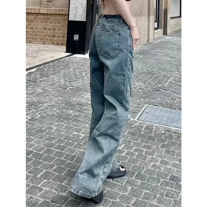 High Street Hollow Mesh Patchwork Jeans Summer New High Waist Distressed Washed Denim Wide Leg Pants