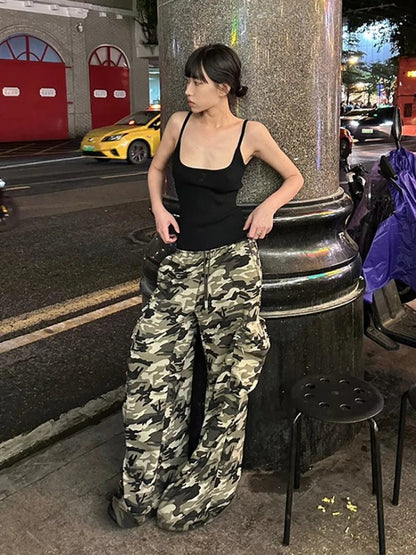 American Retro Punk Camouflage Pocket Cargo Pants Y2k High Street Hip Hop Loose Street Straight Wide Leg Pants