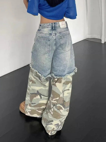 Camouflage Spliced Ripped Jeans for Hip Hop Y2k Baggy Wide Leg Denim Pants Trousers