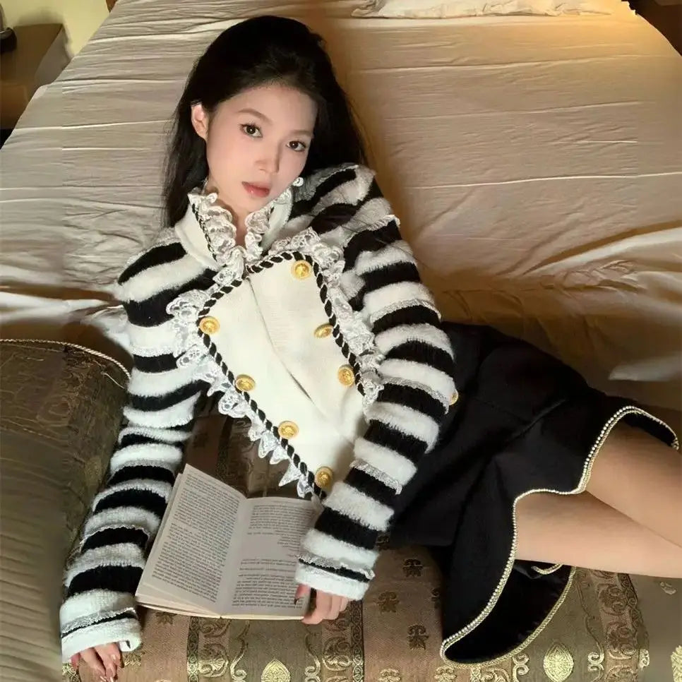 Skirt Twopiece Skirt Suit Knitted Sweater Winter Chaebol Style Heavy Industry Design Stripe New Highwaisted
