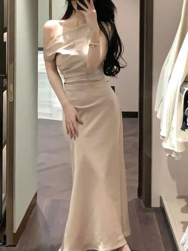 Evening Party Satin Long Dresses for Summer Pink Birthday Robe Slash Sleeveless Slim Female Clothing