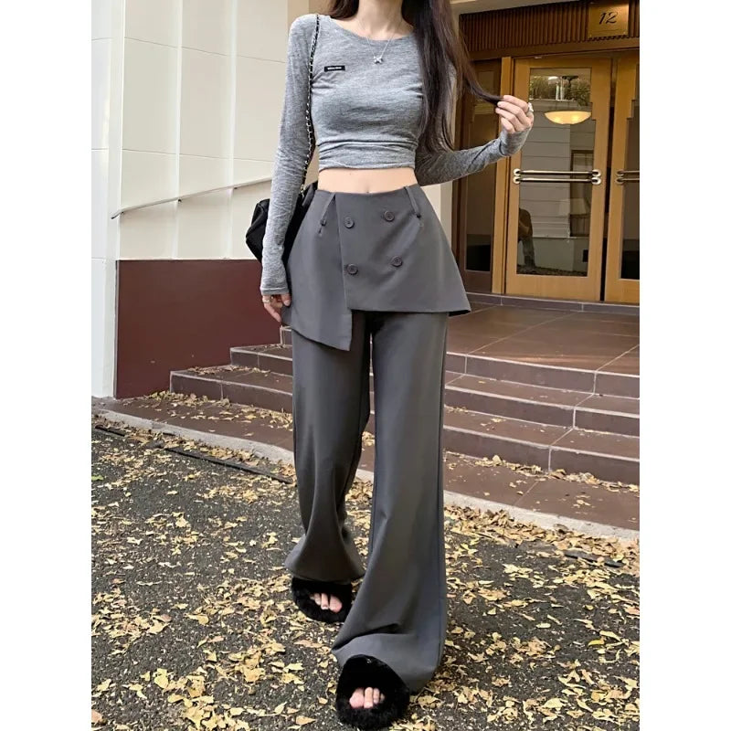 Fake Twopiece Multibutton Color Wide Leg Pants Autumn New High Waist Skirt Stitching Loose Pants