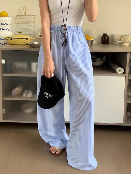 Korean Summer Age Reducing Temperament Elastic Waist Drawstring Loose Versatile Striped Pants Floor