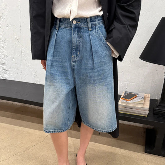 Washed Denim Wide Leg Shorts Summer Loose High Waist Blue Straight Half Pants Female