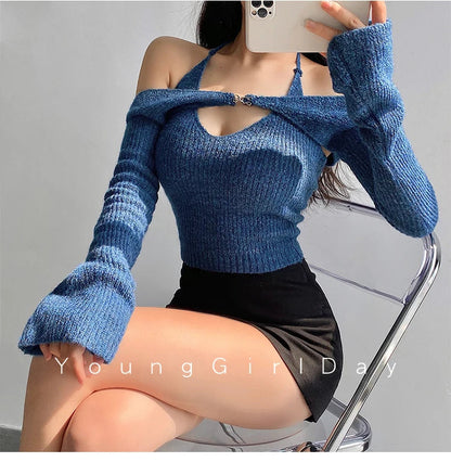 Spice Girl One Shoulder Slim Slim Long Sleeve Cuff Back Knit Neck Tank Top Two Piece Set Sweaters Elegantes