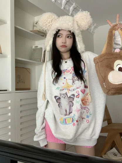 Kawaii Cat Print Hoodie Cutecore Long Sleeve Sweatshirt American Retro Egirl Kitten Angel Graphic Alt Clothes Y2k