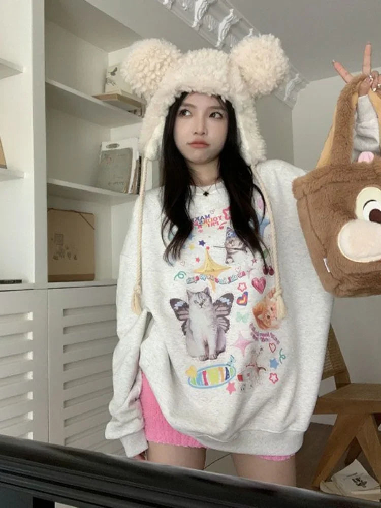 Kawaii Cat Print Hoodie Cutecore Long Sleeve Sweatshirt American Retro Egirl Kitten Angel Graphic Alt Clothes Y2k