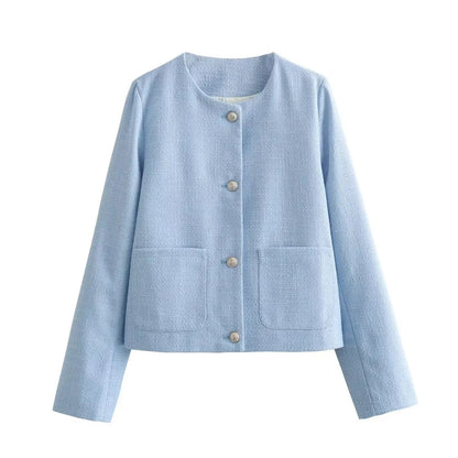 Autumn Patchwork Cardigan Sweater Scoop Neck for Pocket High Waist Outwear Female Coat
