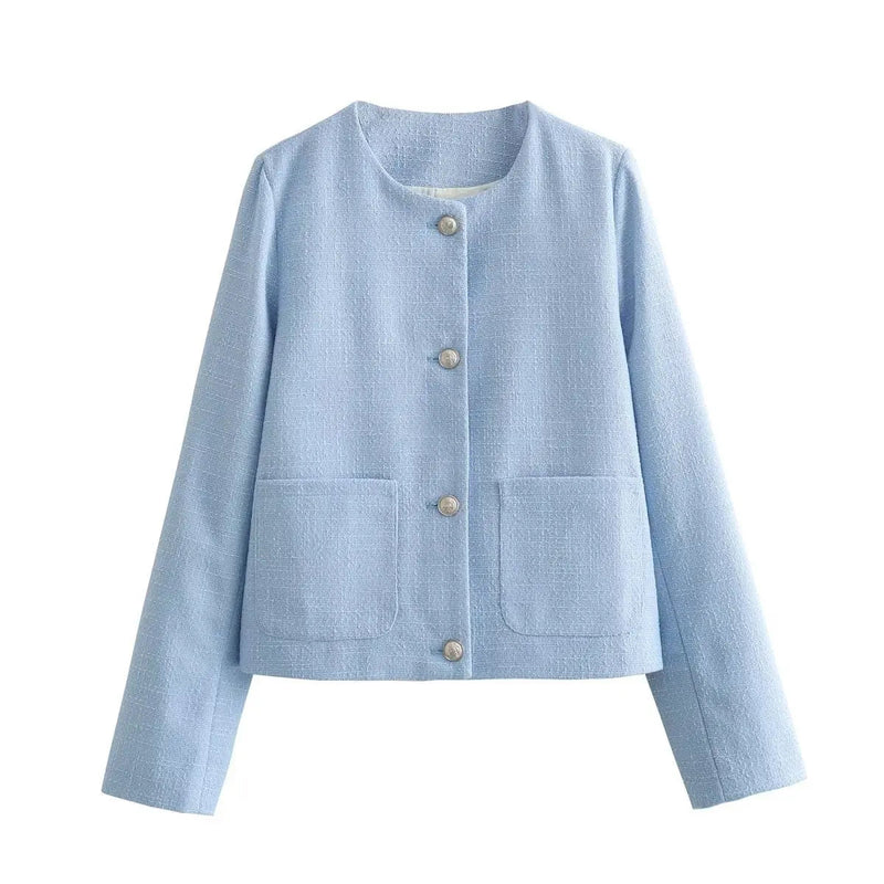Autumn Patchwork Cardigan Sweater Scoop Neck for Pocket High Waist Outwear Female Coat