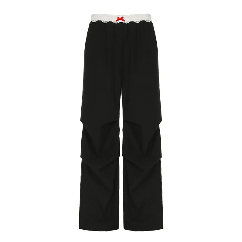 Korean Retro Contrast Color Lace Patchwork Pants Autumn New High Waist Loose All Match Wide Leg Pants