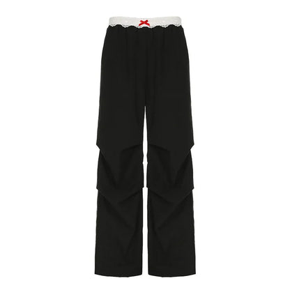 Korean Retro Contrast Color Lace Patchwork Pants Autumn New High Waist Loose All Match Wide Leg Pants