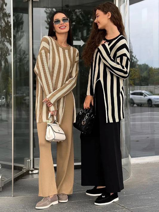 Striped Knitwear 2 Piece-set for Contrast Long Sleeve Split Straight Trousers Outfits ’s Pants Sets