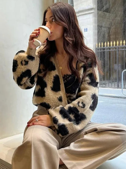 Retro Knitted Leopard Cardigan V-neck Soft Open Sweaters Female Autumn Versatile High Street Knitwear