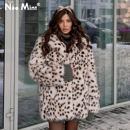 Exclusive Long Brown Leopard Fox Fur Coat Winter New Hot Brand Faux Fur Jacket Overcoat