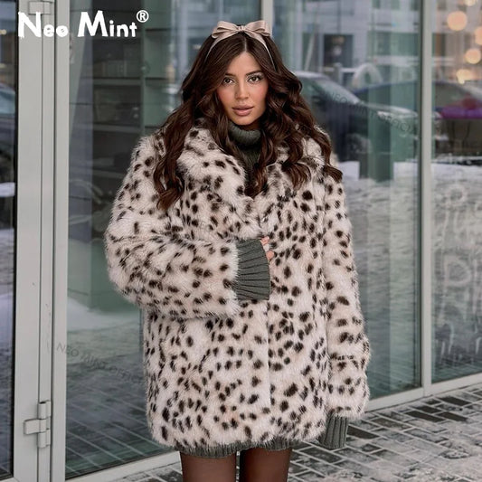 Exclusive Long Brown Leopard Fox Fur Coat Winter New Hot Brand Faux Fur Jacket Overcoat