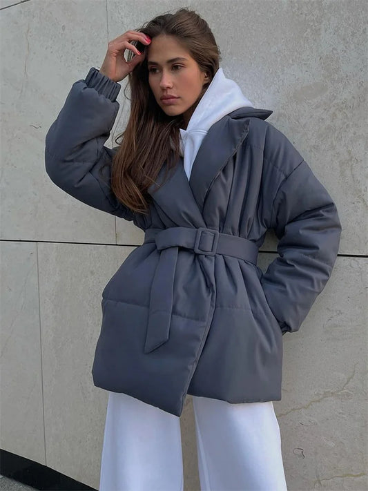 Winter Lace-up Pocket Parkas Outwear Female V-neck Loose Long Sleeve High Waist Bandage Coat Outwear