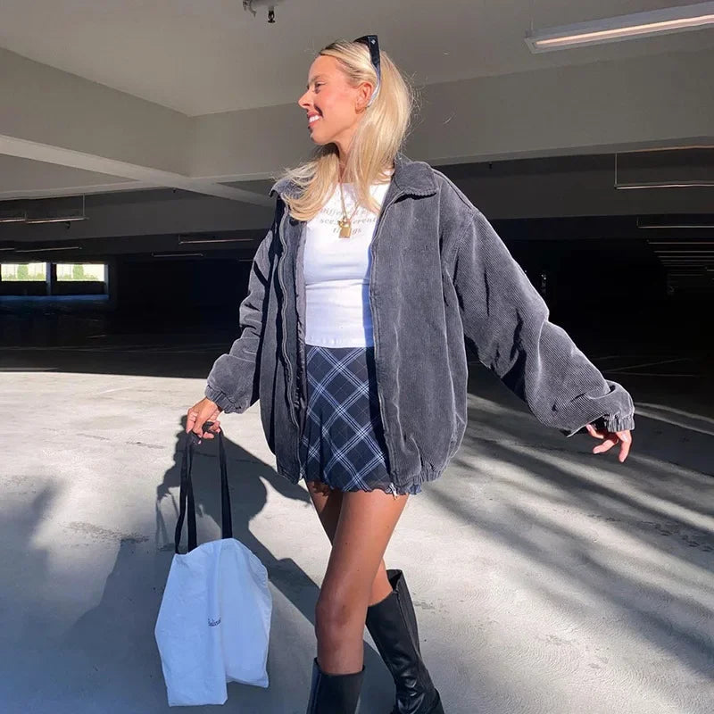 Autumn and Winter New Street Style New Longsleeved Lapel Zipper Cardigan Loose and Thin Warm Jacket