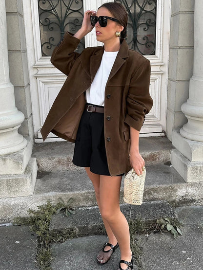 Autumn and Winter Suede Single-breasted Blazer Female High Street Lapel Long Sleeve Coat Mujer