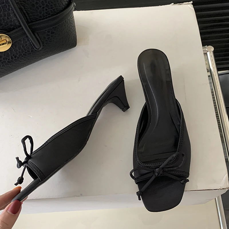 Design Style Shallow Square Toe Slippers Butterflyknot Low Heels Shoes Summer Zapatos De Mujer