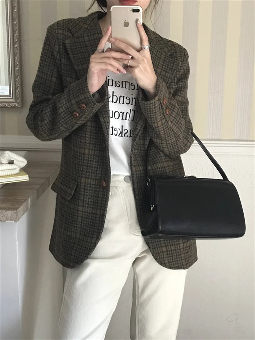 Ol Blazers Slim Autumn Woolen Office Lady Work Wear Plaid Mujer Coats Daily Houndstooth
