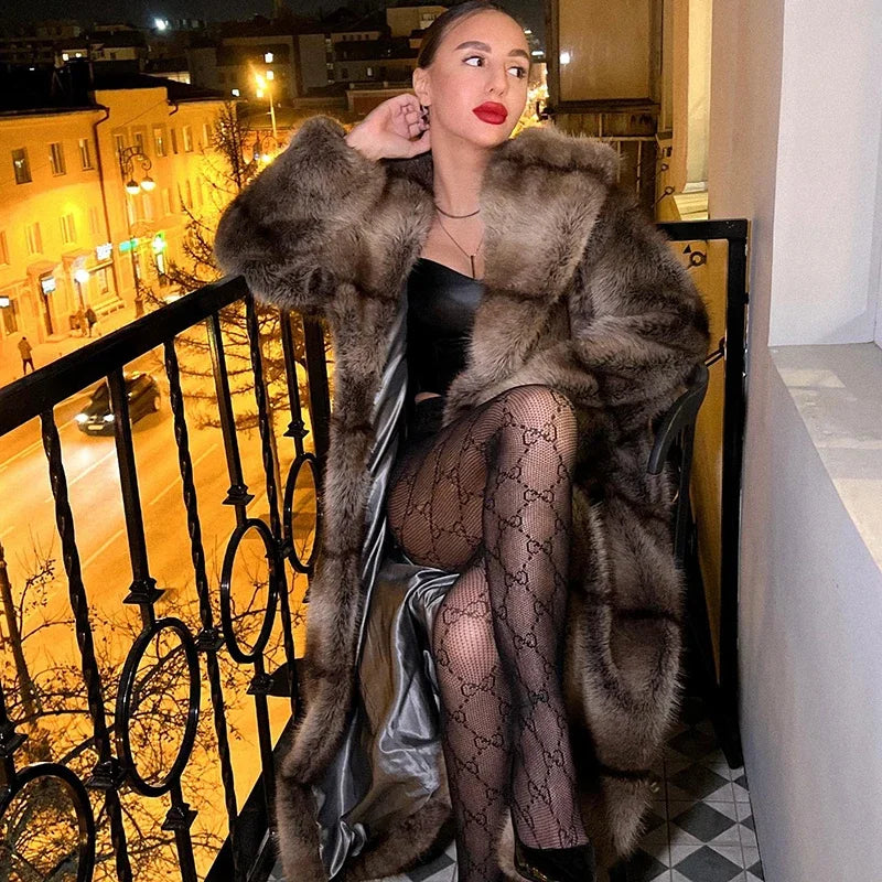 Brand Furry Faux Fox Fur Coat Winter Super Warm Fluffy Fur Jacket Female High Street Long Overcoat