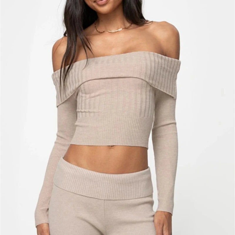 Knitted Slim Sweater Long Sleeve Off the Shoulders Pullovers Female Street Bodycon Sweaters Woman