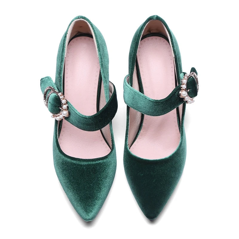 Velvet Mary Jane Shoes Pearls Buckle Highheeled Velour Green Burgundy Pumps Office Banquet Party Dress Shoes 3343