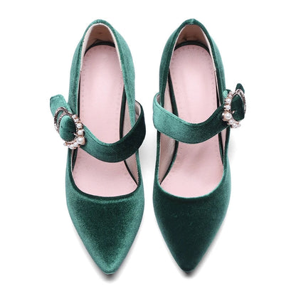 Velvet Mary Jane Shoes Pearls Buckle Highheeled Velour Green Burgundy Pumps Office Banquet Party Dress Shoes 3343