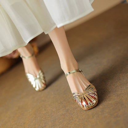 Split Leather Sandals Round Toe Chunky Heel Summer Shoes Narrow Band Shoes for Handmade Shoes Женские Сандалии