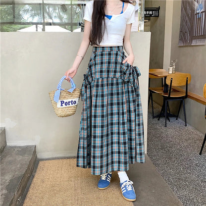 American Long Skirts for Arrival Plaid Lace Up High Waist Color Patchwork Pleated Skirts Skirt