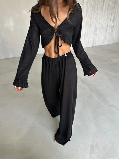 2 Piece-set Trousers for V-neck Lace-up Long Sleeve Top and High Waist ’s Pants Outfits Female