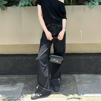Flap Buttons Loose All Match Jeans Spring New High Waist Denim Wide Leg Pants
