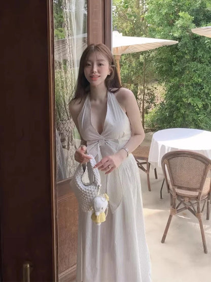 French Vacation Style Hanging Neck Striped Vest Dress Summer New Design Butterfly Bow Long Dresses