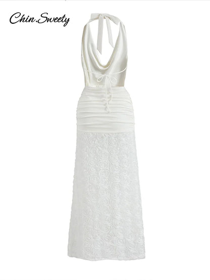 Hang Neck 3d Flower White Long Dress Halter Backless Pleat Sheath Spliced Dresses Summer Lady Party Beach Robes