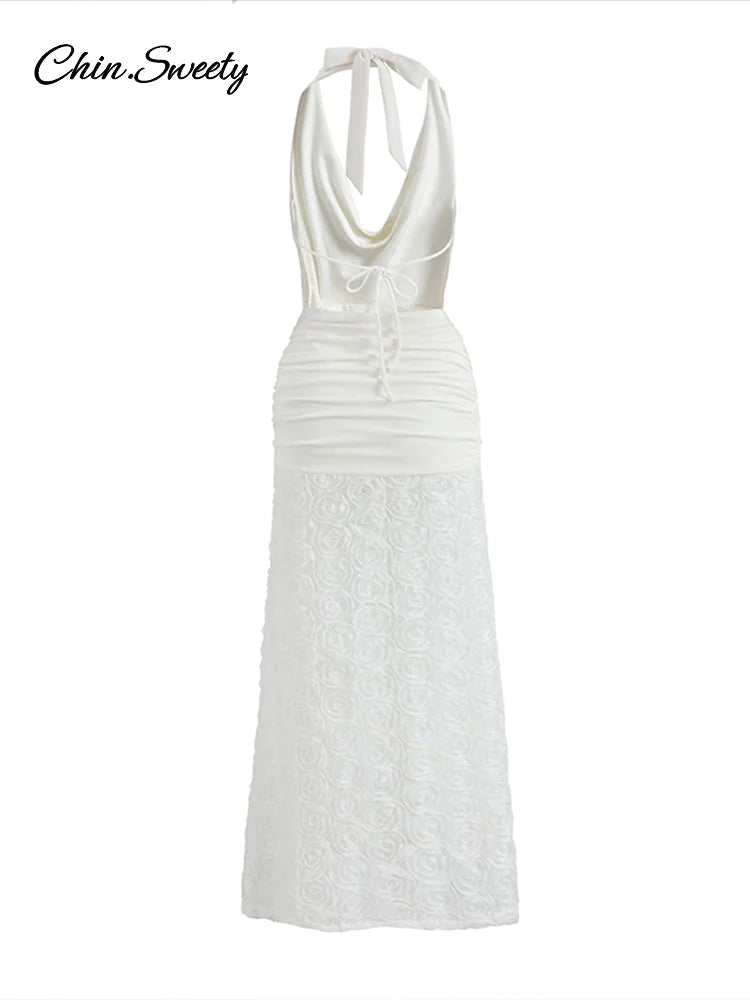 Hang Neck 3d Flower White Long Dress Halter Backless Pleat Sheath Spliced Dresses Summer Lady Party Beach Robes