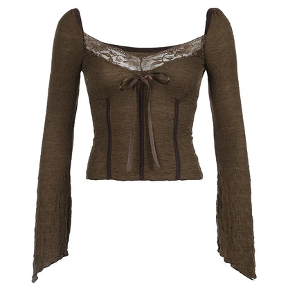 Hotsweet Lace Trim V-neck Brown Long Sleeve Blouses Bow Lace Up Flared Sleeve Slim Y2k Autumn New T-shirt