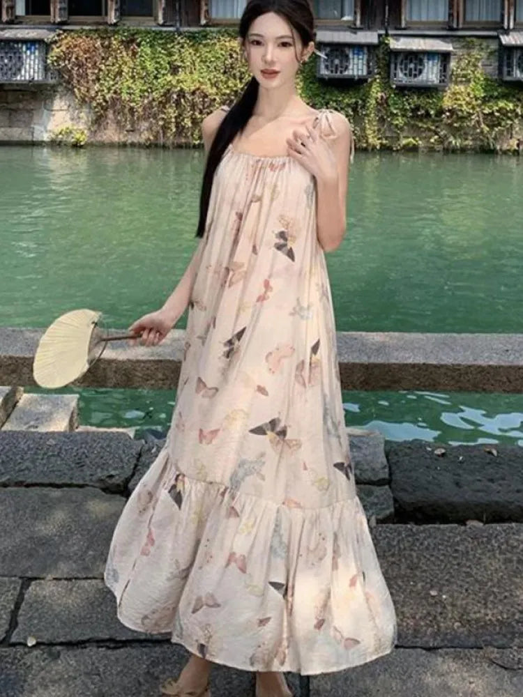 Butterfly Print Party Pleated Long Dress for Summer Club Beige Backless Bandage Slip Vestidos Robe