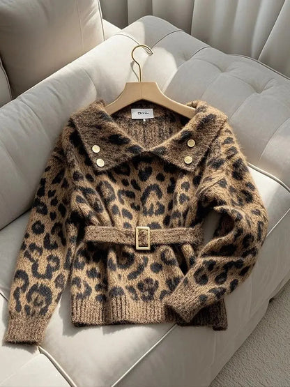 Leopard Brown Polo Collar Waist Belted Sweater Clothing Outerwear Winter New Loose Knitted Pullovers Tops