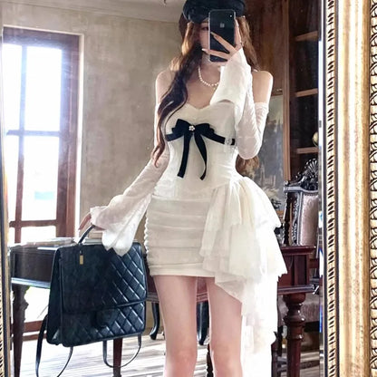 Y2k Lace Mini Dresses for Slash Neck Flare Sleeve A-line Ruffles Birthday Party Short Train Dress Korean Vestidos