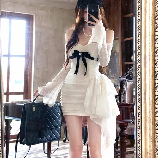 Y2k Lace Mini Dresses for Slash Neck Flare Sleeve A-line Ruffles Birthday Party Short Train Dress Korean Vestidos