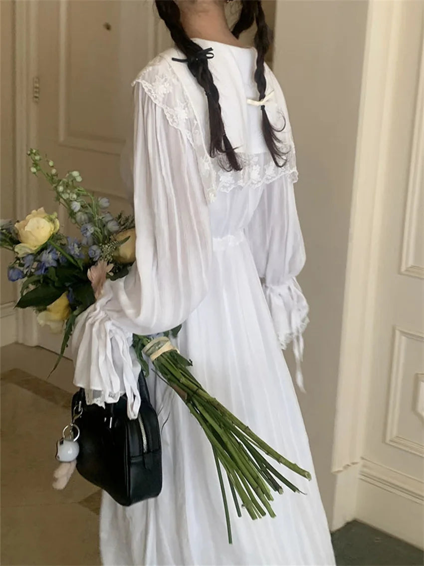 White Flare Sleeve Long Dress Lace Sweet Vneck Slim Cotton New Spring Office Lady Florals Gentle