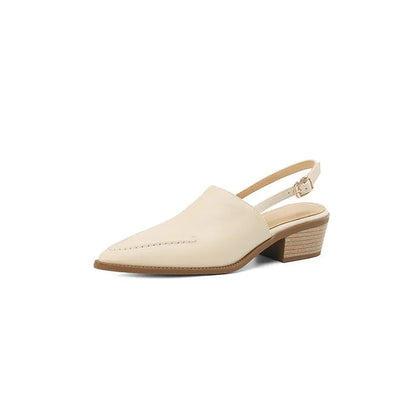 New Summer Sandals Genuine Leather Shoes for Pointed Toe Chunky Heel Shoes Simple Cover Toe Slingback Buckle Sandals
