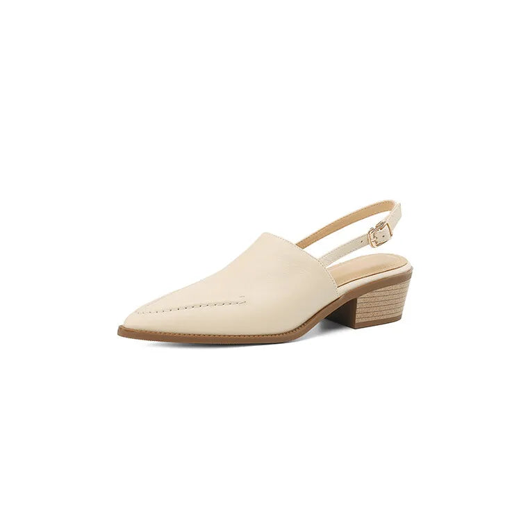 New Summer Sandals Genuine Leather Shoes for Pointed Toe Chunky Heel Shoes Simple Cover Toe Slingback Buckle Sandals