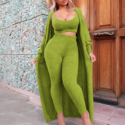 Autumn and Winter Color Suspenders Long Coat Trousers Plush Suit Threepiece Set Vestidos