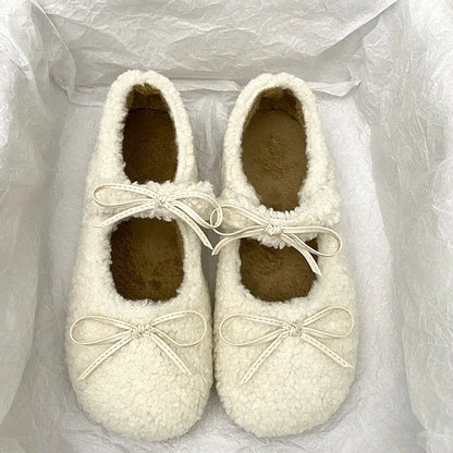 Autumn Winter Ballet Loafer Flat Shoes Female Flats Loafers Fur Round Toe Brand Design Teddy Outdoor Shoes