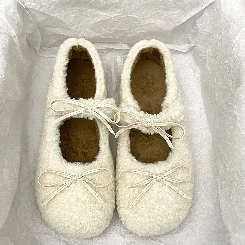 Autumn Winter Ballet Loafer Flat Shoes Female Flats Loafers Fur Round Toe Brand Design Teddy Outdoor Shoes