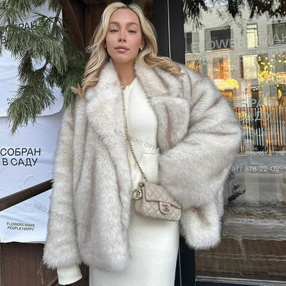Winter Ins Hot Oversized Gradient Fur Coat Thick Warm Outerwear Fluffy Faux Fox Fur Jacket