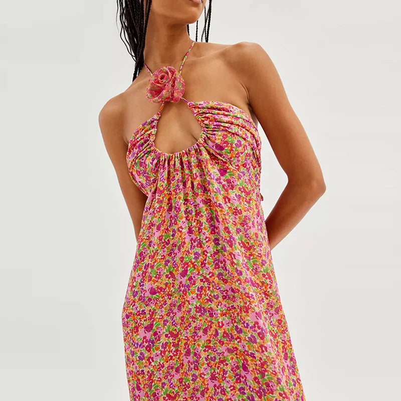 Cross Halter Rose Design Maxi Dress Spring Print Long Party Dress Summer Backless Hollow Holidays Dresses